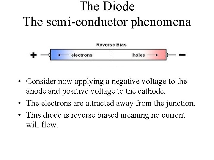 The Diode The semi-conductor phenomena • Consider now applying a negative voltage to the