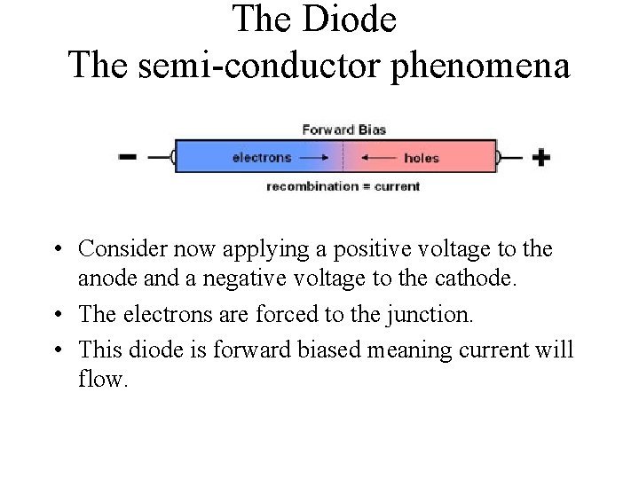 The Diode The semi-conductor phenomena • Consider now applying a positive voltage to the