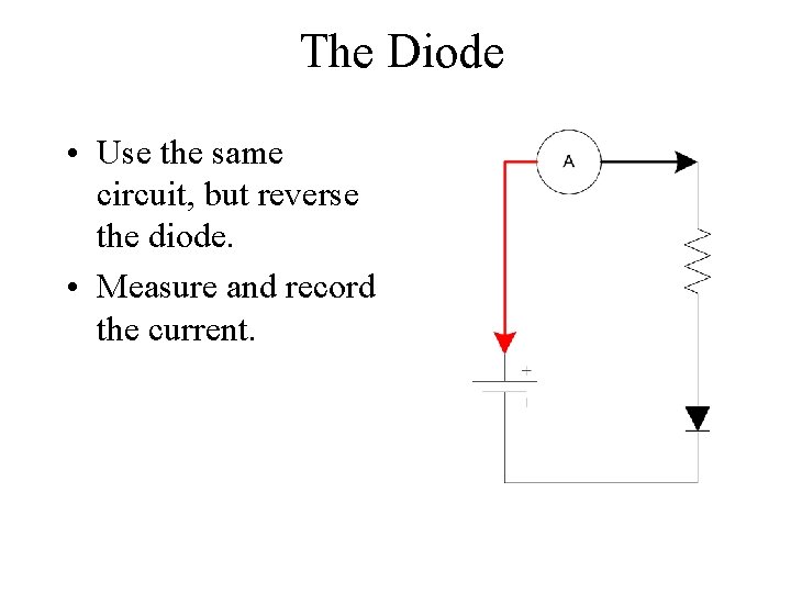 The Diode • Use the same circuit, but reverse the diode. • Measure and