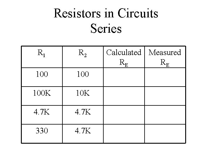 Resistors in Circuits Series R 1 R 2 100 100 K 10 K 4.