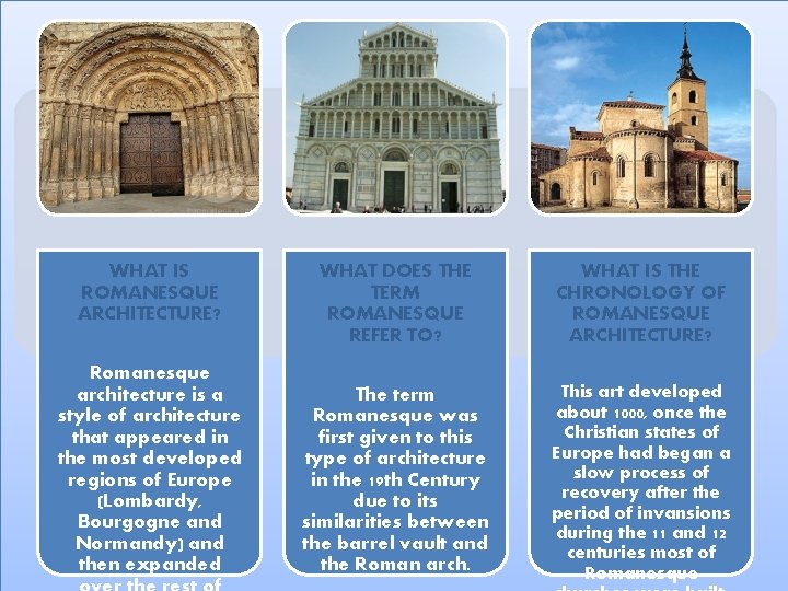 WHAT IS ROMANESQUE ARCHITECTURE? Romanesque architecture is a style of architecture that appeared in