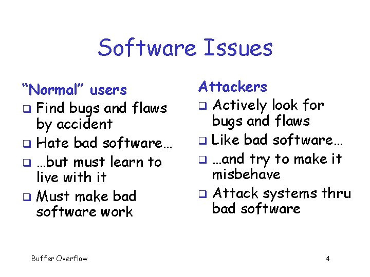 Software Issues “Normal” users q Find bugs and flaws by accident q Hate bad Software Issues “Normal” users q Find bugs and flaws by accident q Hate bad