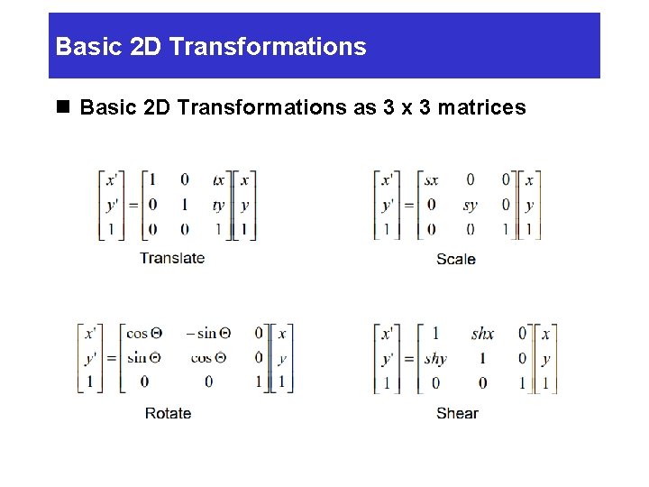 Basic 2 D Transformations n Basic 2 D Transformations as 3 x 3 matrices Basic 2 D Transformations n Basic 2 D Transformations as 3 x 3 matrices
