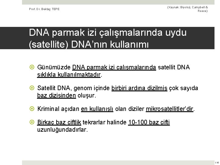 Prof. Dr. Bektaş TEPE (Kaynak: Biyoloji, Campbell & Reece) DNA parmak izi çalışmalarında uydu