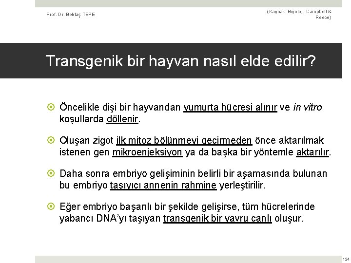 Prof. Dr. Bektaş TEPE (Kaynak: Biyoloji, Campbell & Reece) Transgenik bir hayvan nasıl elde