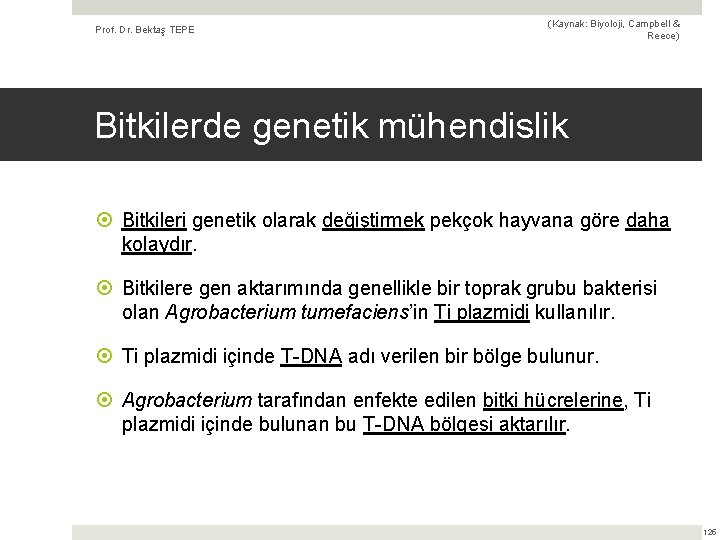 Prof. Dr. Bektaş TEPE (Kaynak: Biyoloji, Campbell & Reece) Bitkilerde genetik mühendislik Bitkileri genetik