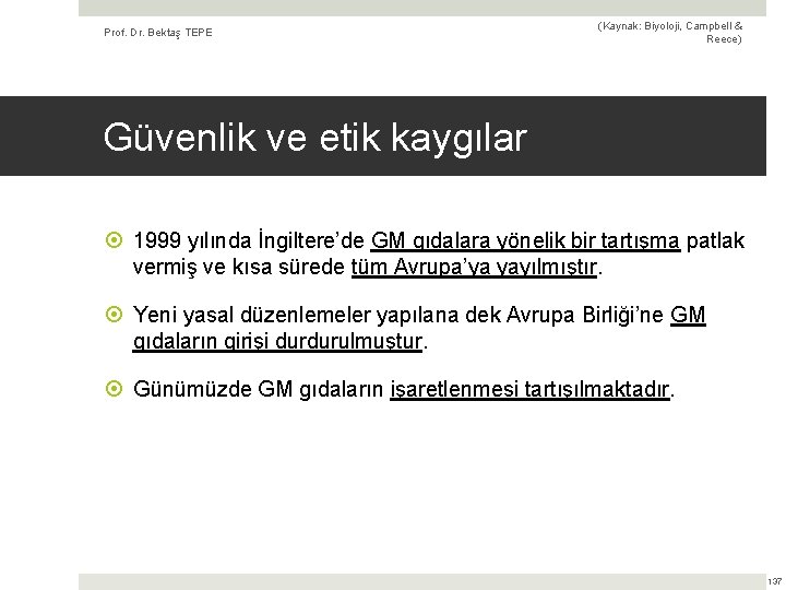 Prof. Dr. Bektaş TEPE (Kaynak: Biyoloji, Campbell & Reece) Güvenlik ve etik kaygılar 1999