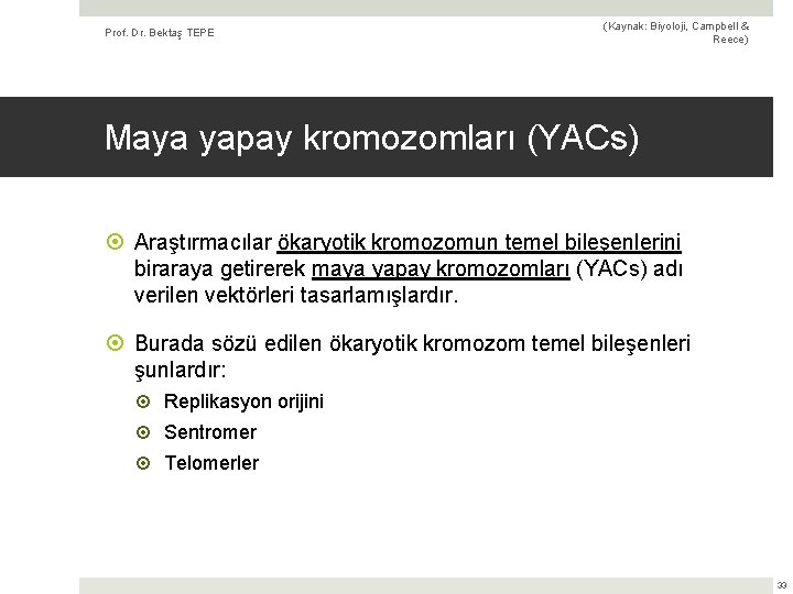 Prof. Dr. Bektaş TEPE (Kaynak: Biyoloji, Campbell & Reece) Maya yapay kromozomları (YACs) Araştırmacılar