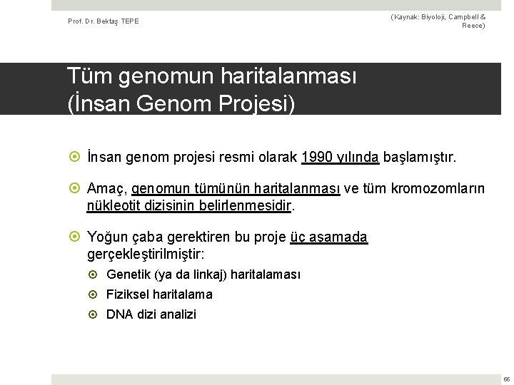 Prof. Dr. Bektaş TEPE (Kaynak: Biyoloji, Campbell & Reece) Tüm genomun haritalanması (İnsan Genom