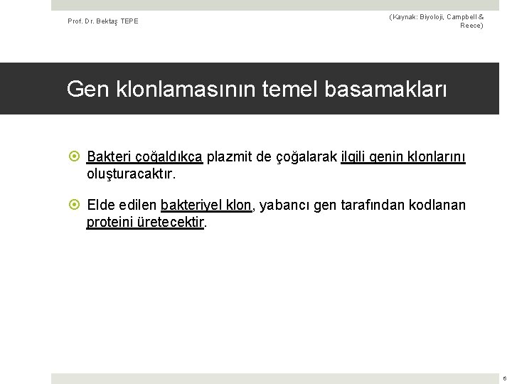 Prof. Dr. Bektaş TEPE (Kaynak: Biyoloji, Campbell & Reece) Gen klonlamasının temel basamakları Bakteri