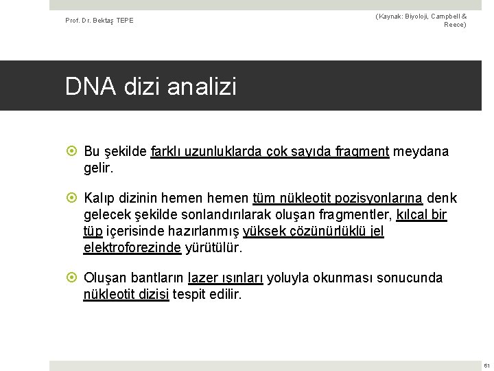 Prof. Dr. Bektaş TEPE (Kaynak: Biyoloji, Campbell & Reece) DNA dizi analizi Bu şekilde