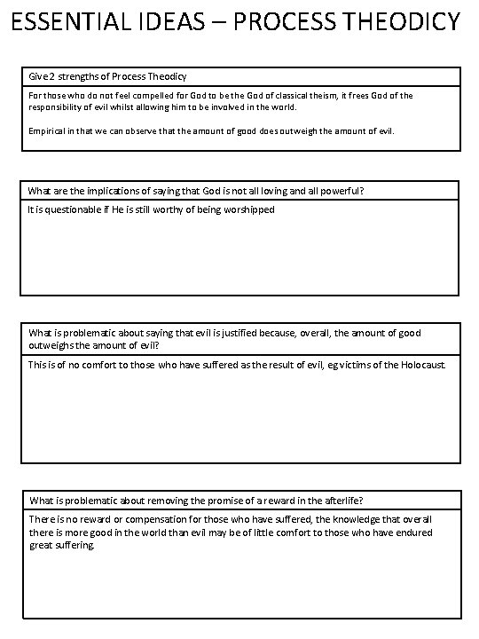 ESSENTIAL IDEAS – PROCESS THEODICY Give 2 strengths of Process Theodicy For those who