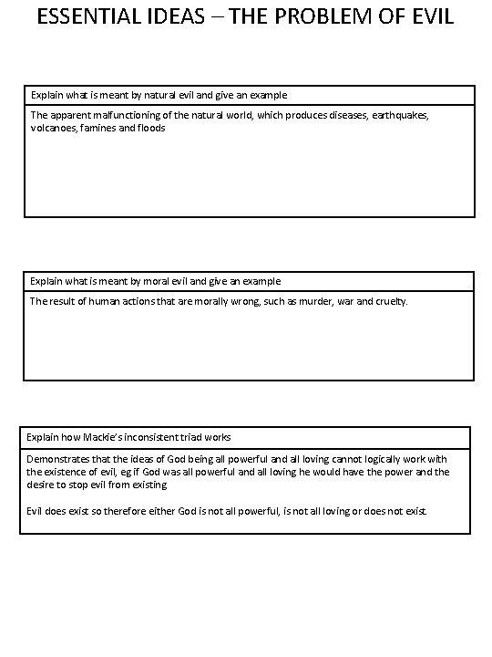 ESSENTIAL IDEAS – THE PROBLEM OF EVIL Explain what is meant by natural evil