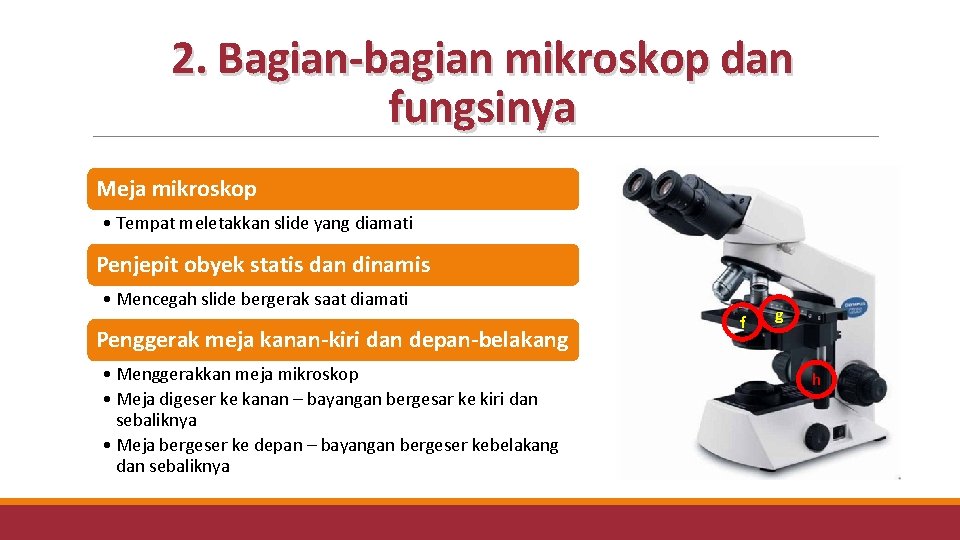 2. Bagian-bagian mikroskop dan fungsinya Meja mikroskop • Tempat meletakkan slide yang diamati Penjepit 2. Bagian-bagian mikroskop dan fungsinya Meja mikroskop • Tempat meletakkan slide yang diamati Penjepit