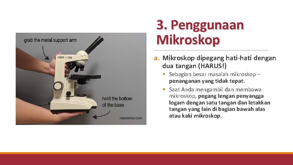 3. Penggunaan Mikroskop a. Mikroskop dipegang hati-hati dengan dua tangan (HARUS!) § Sebagian besar