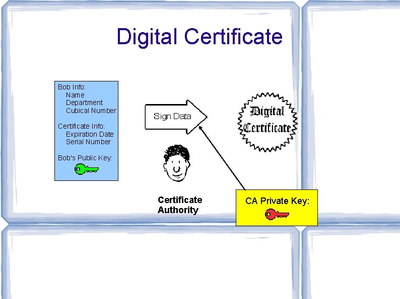 Digital Certificate Bob Info: Name Department Cubical Number Certificate Info: Expiration Date Serial Number