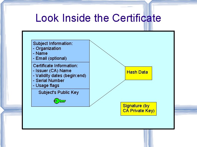 Look Inside the Certificate Subject Information: - Organization - Name - Email (optional) Certificate