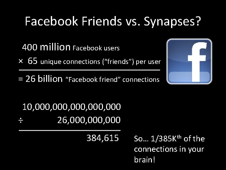 Facebook Friends vs. Synapses? 400 million Facebook users × 65 unique connections (“friends”) per