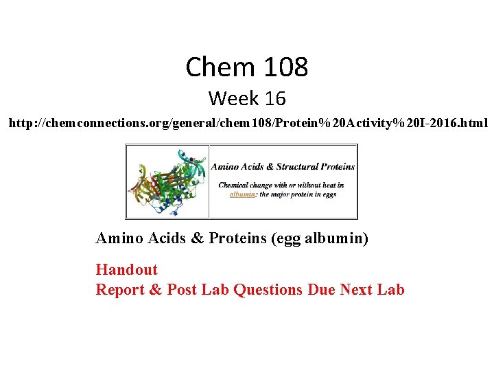 Chem 108 Week 16 http: //chemconnections. org/general/chem 108/Protein%20 Activity%20 I-2016. html Amino Acids &