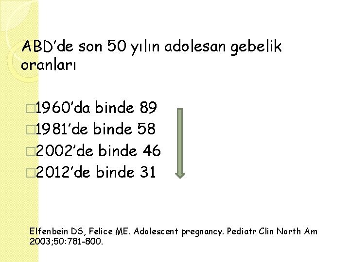 ABD’de son 50 yılın adolesan gebelik oranları � 1960’da binde 89 � 1981’de binde