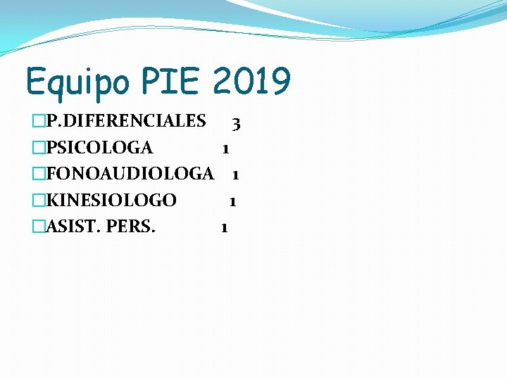 Equipo PIE 2019 �P. DIFERENCIALES �PSICOLOGA �FONOAUDIOLOGA �KINESIOLOGO �ASIST. PERS. 3 1 1 