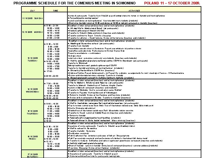 PROGRAMME SCHEDULE FOR THE COMENIUS MEETING IN SOMONINO DAY TIME POLAND 11 – 17