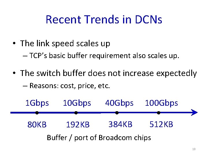 Recent Trends in DCNs • The link speed scales up – TCP’s basic buffer