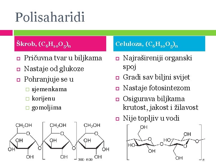 Polisaharidi Škrob, (C 6 H 10 O 5)n Pričuvna tvar u biljkama Nastaje od