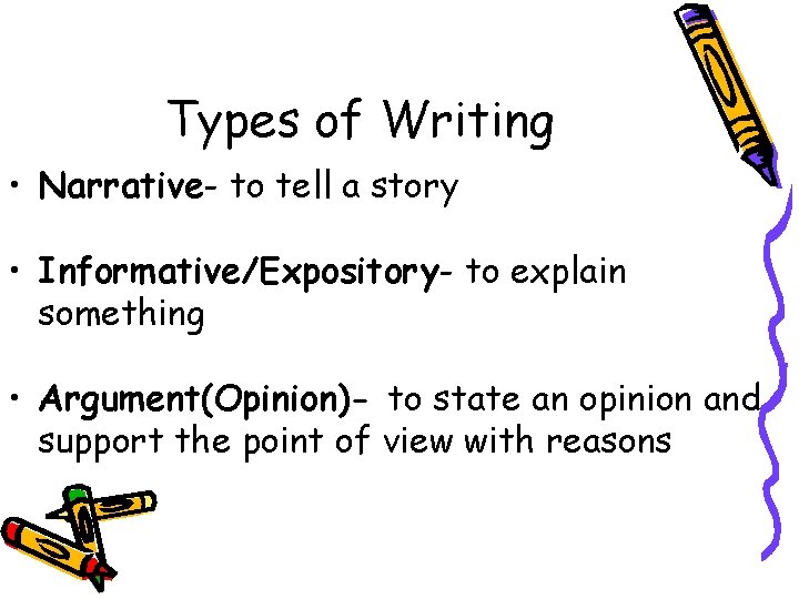 Types of Writing • Narrative- to tell a story • Informative/Expository- to explain something