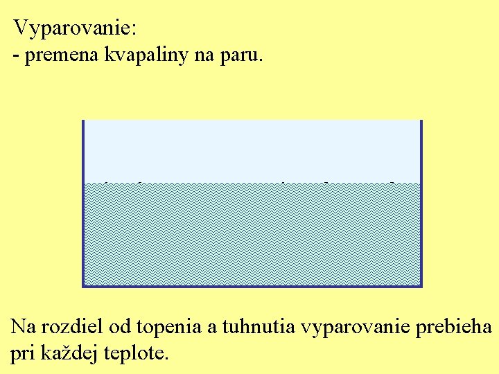 Vyparovanie: - premena kvapaliny na paru. Na rozdiel od topenia a tuhnutia vyparovanie prebieha