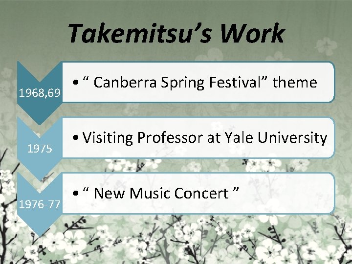 Takemitsu’s Work 1968, 69 1975 1976 -77 • “ Canberra Spring Festival” theme •