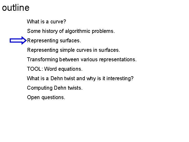 outline What is a curve? Some history of algorithmic problems. Representing surfaces. Representing simple