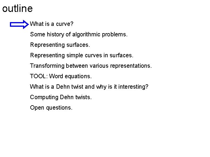 outline What is a curve? Some history of algorithmic problems. Representing surfaces. Representing simple