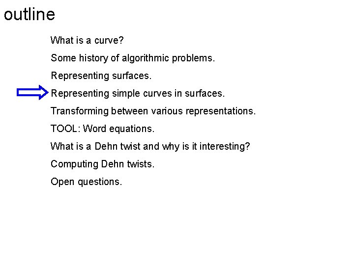 outline What is a curve? Some history of algorithmic problems. Representing surfaces. Representing simple