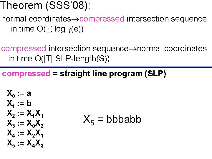 Theorem (SSS’ 08): normal coordinates compressed intersection sequence in time O( log (e)) compressed