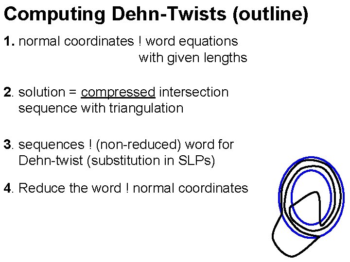 Computing Dehn-Twists (outline) 1. normal coordinates ! word equations with given lengths 2. solution