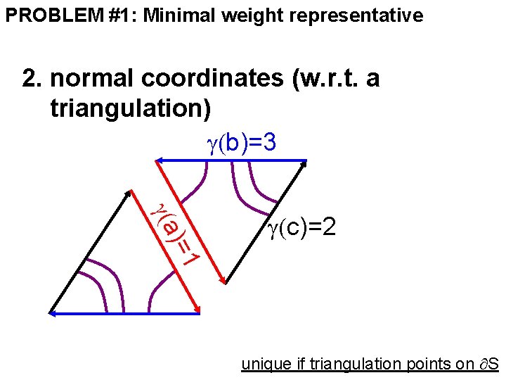 PROBLEM #1: Minimal weight representative 2. normal coordinates (w. r. t. a triangulation) (b)=3