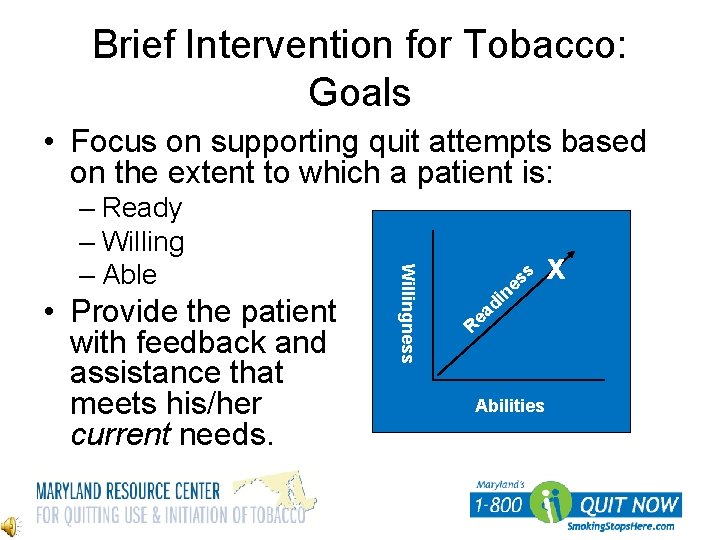 Brief Intervention for Tobacco: Goals • Focus on supporting quit attempts based on the