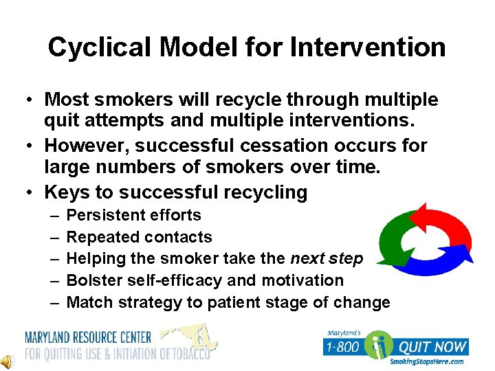 Cyclical Model for Intervention • Most smokers will recycle through multiple quit attempts and