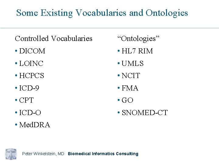 Some Existing Vocabularies and Ontologies Controlled Vocabularies “Ontologies” • DICOM • HL 7 RIM