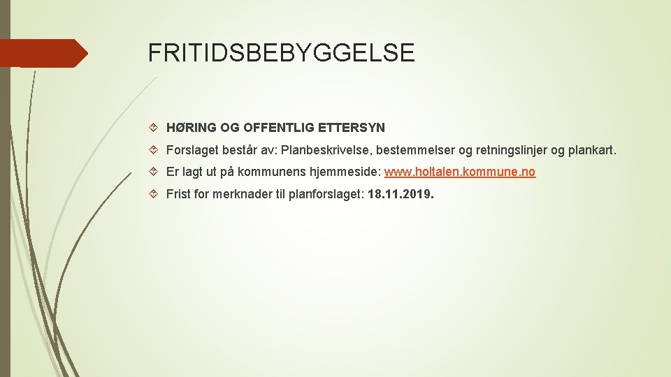 FRITIDSBEBYGGELSE HØRING OG OFFENTLIG ETTERSYN Forslaget består av: Planbeskrivelse, bestemmelser og retningslinjer og plankart.