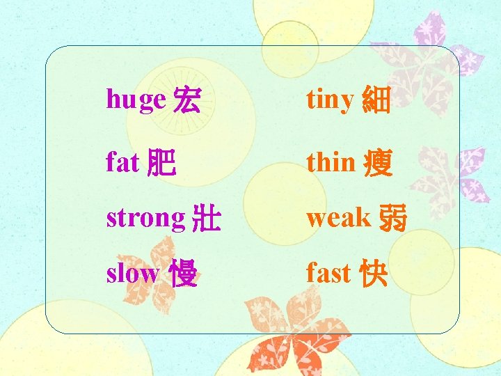 huge 宏 tiny 細 fat 肥 thin 瘦 strong 壯 weak 弱 slow 慢