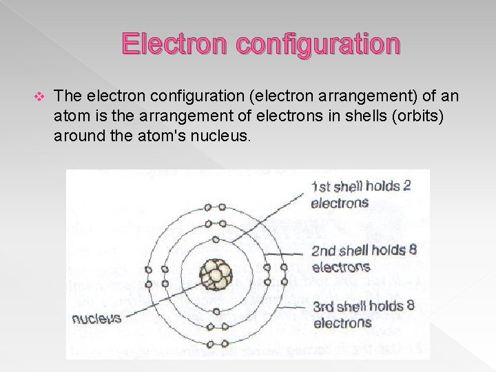 Electron configuration v The electron configuration (electron arrangement) of an atom is the arrangement