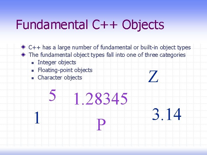 Fundamental C++ Objects C++ has a large number of fundamental or built-in object types