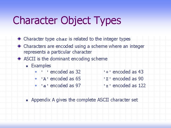 Character Object Types Character type char is related to the integer types Characters are