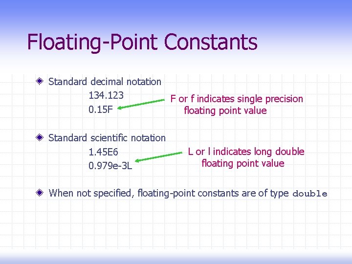 Floating-Point Constants Standard decimal notation 134. 123 F or f indicates single precision 0.