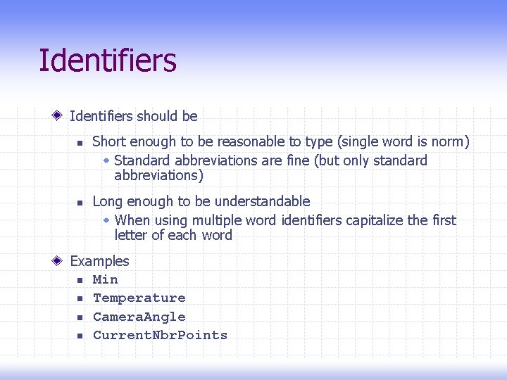 Identifiers should be n n Short enough to be reasonable to type (single word