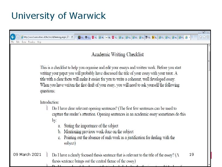 University of Warwick 09 March 2021 19 