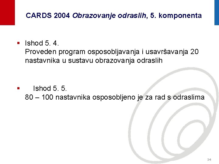 CARDS 2004 Obrazovanje odraslih, 5. komponenta § Ishod 5. 4. Proveden program osposobljavanja i