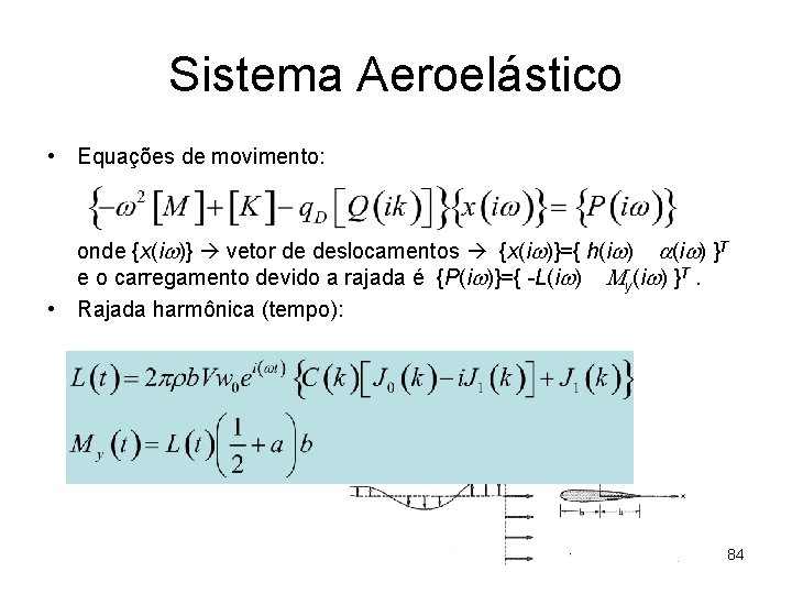 Sistema Aeroelástico • Equações de movimento: onde {x(iw)} vetor de deslocamentos {x(iw)}={ h(iw) a(iw)